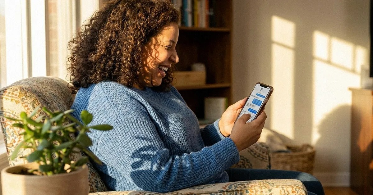 A woman sits on the sofa, holding her phone and reading an article about Wise vs Western Union
