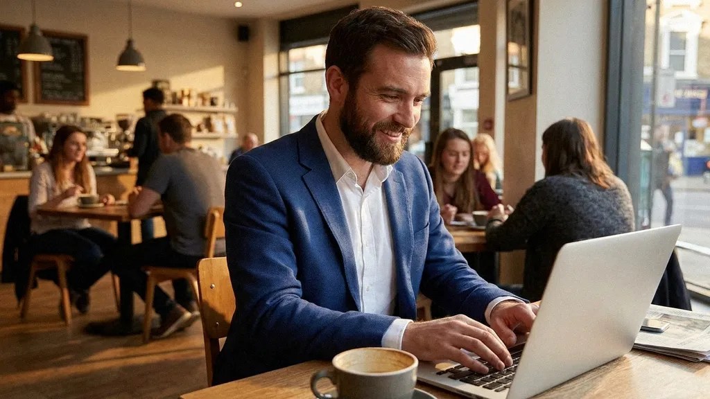 A man with a beard dressed in a smart suit and shirt sits at a table and reads an article on his laptop about digital payment platforms