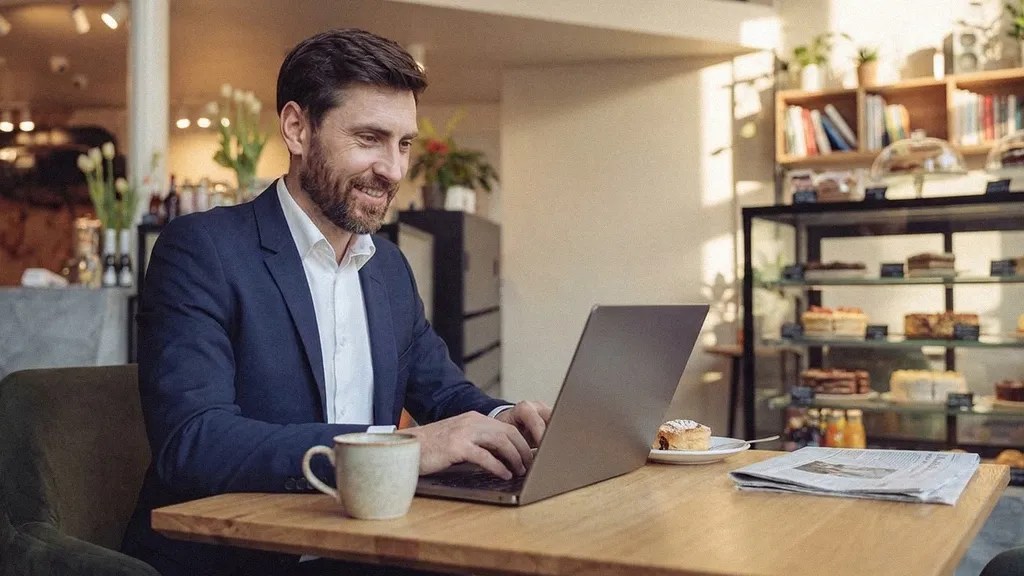 A man with a beard dressed in a smart suit and shirt sits at a table and reads an article on his laptop about digital payment platforms