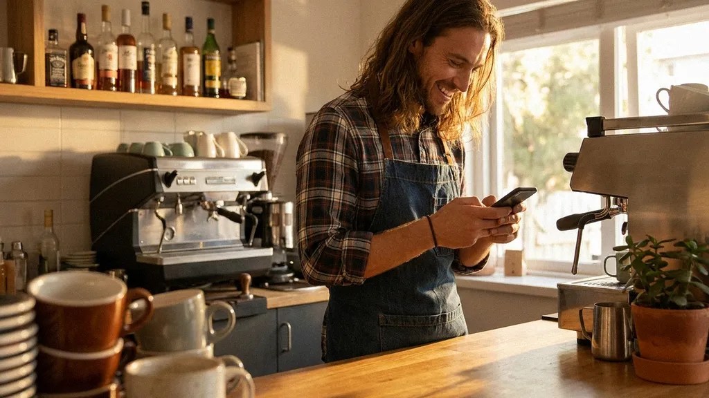 A young man in a checked shirt and apron stands behind a desk, reading an article on his phone about digital payment platforms