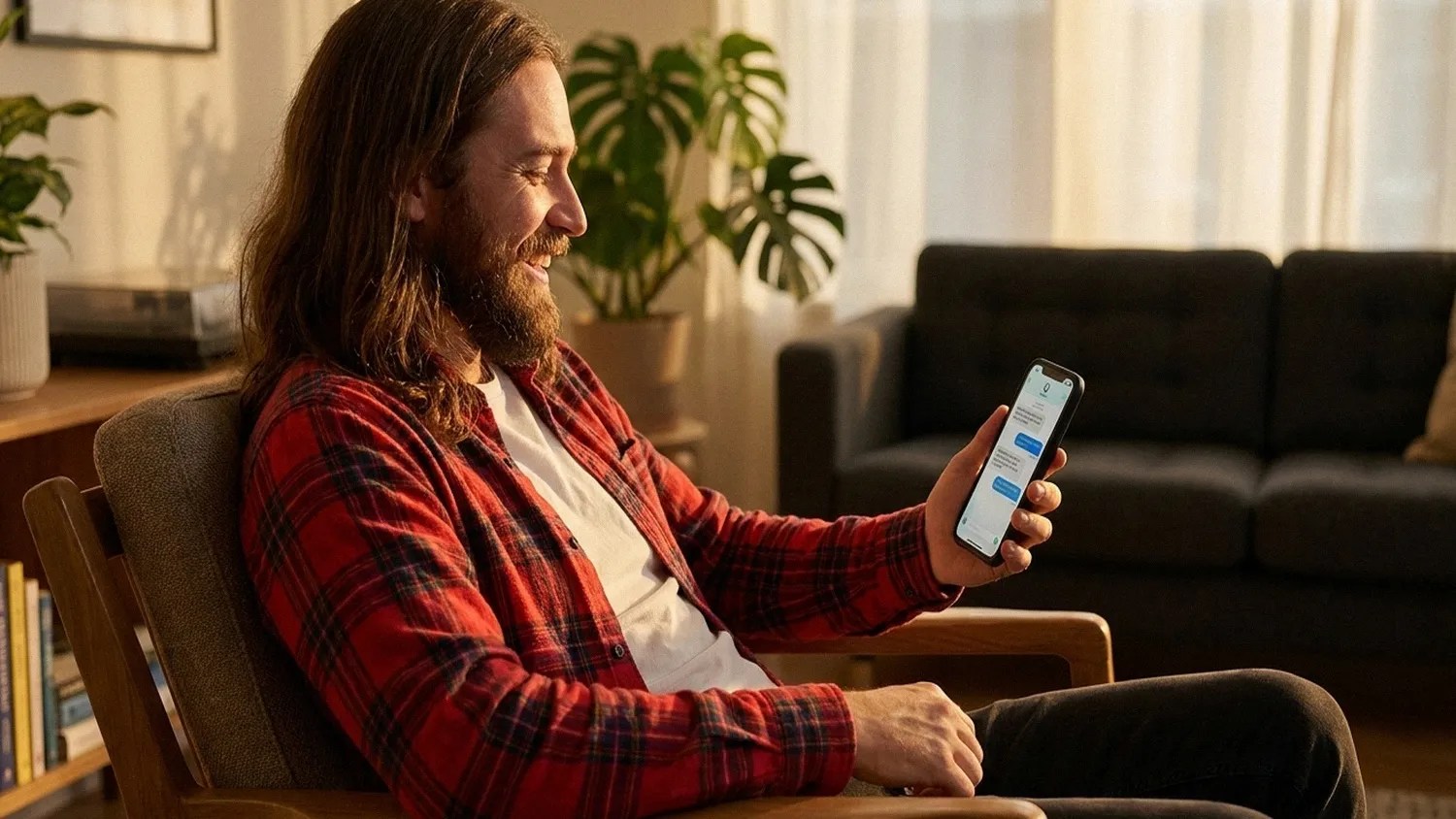 A young man with long brown hair wears a white T-shirt underneath an open red shirt while sitting on a chair and reading an article on his phone about how to streamline automotive payments