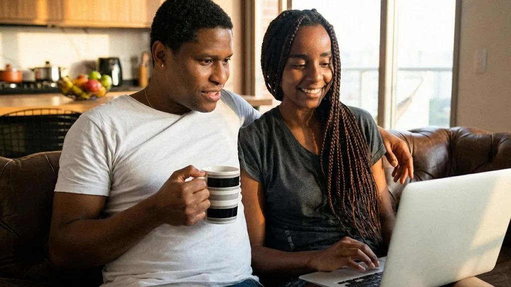 A man and woman sit next to each other and smile as they read an article on their laptop about sending automotive payments