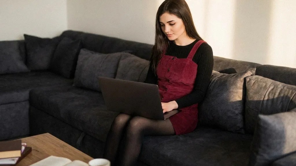 A young female with long brown hair sits on a sofa while typing on her laptop to make automotive payments
