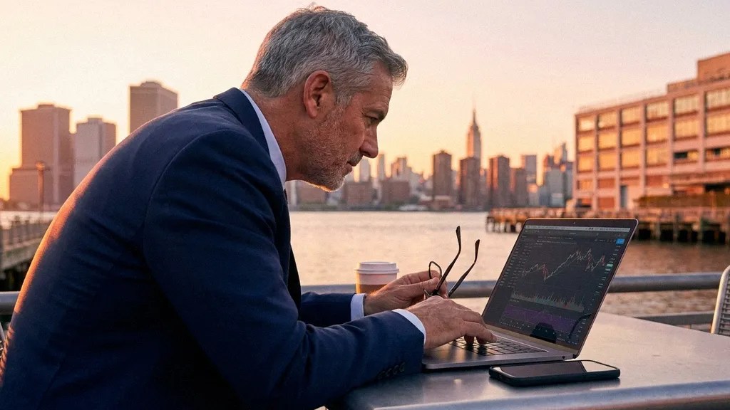 A middle-aged man with a city backdrop behind him sits on a bench outdoors by the river, holding his glasses and reading an article on his laptop about how to open business bank account in the UK