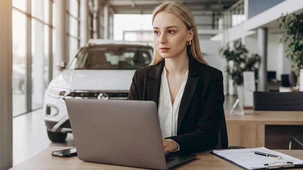A young blonde female in a black blazer faces the camera as she sits at a desk and types on her laptop about how to manage business expenses