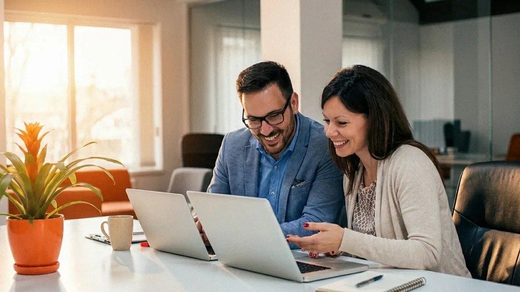 A young brunette female and a young man with glasses smile as they sit next to each other at a desk, typing on their laptops while discussing how to manage business expenses