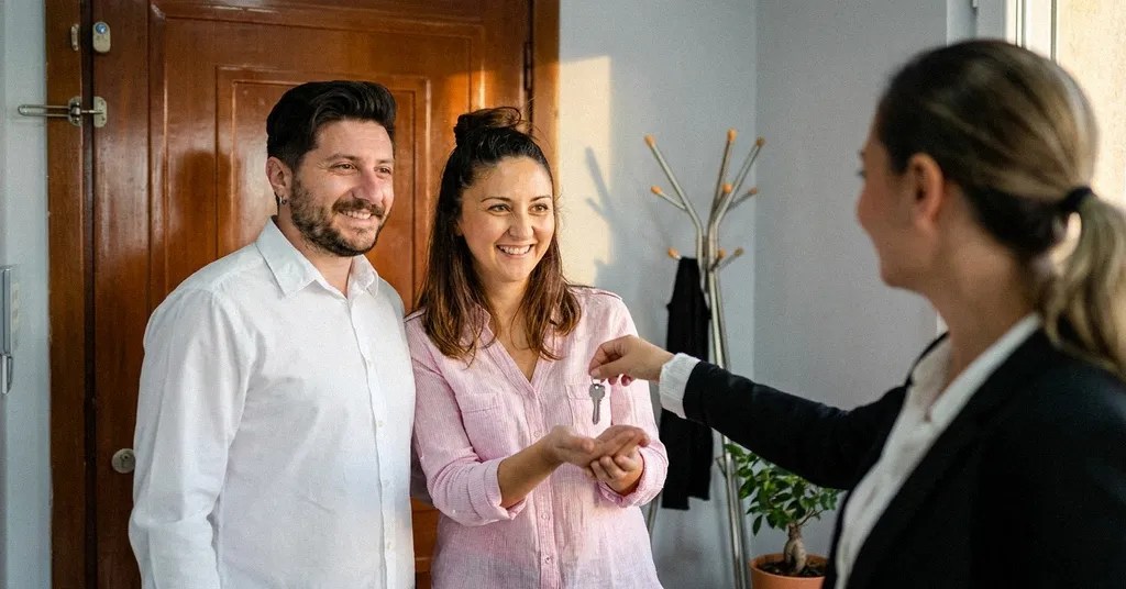 An estate agent hands over a key to a very happy and smiling couple