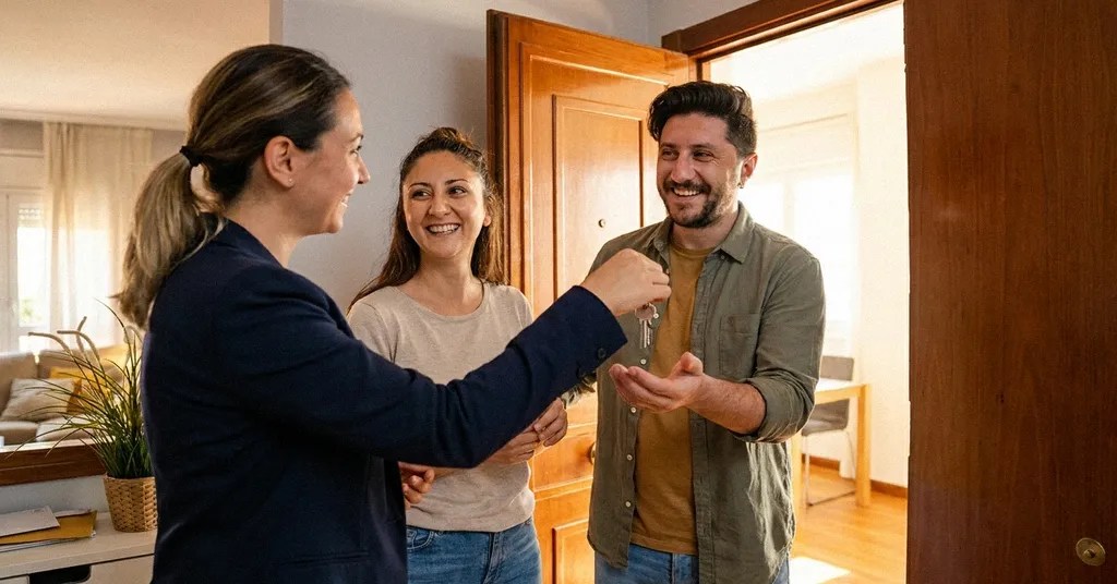An estate agent hands over a key to a very happy and smiling couple