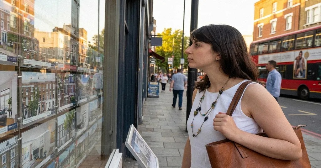 A woman with brown hair in a ponytail and a bag on her shoulder stands outside an estate agent window looking at buying commercial property or residential property options