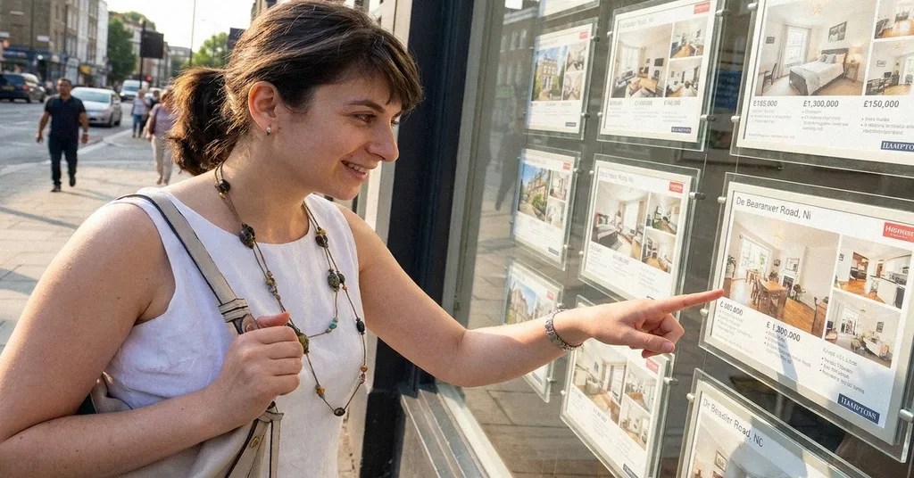 A woman with brown hair in a ponytail and a bag on her shoulder stands outside an estate agent window looking at buying commercial property or residential property options
