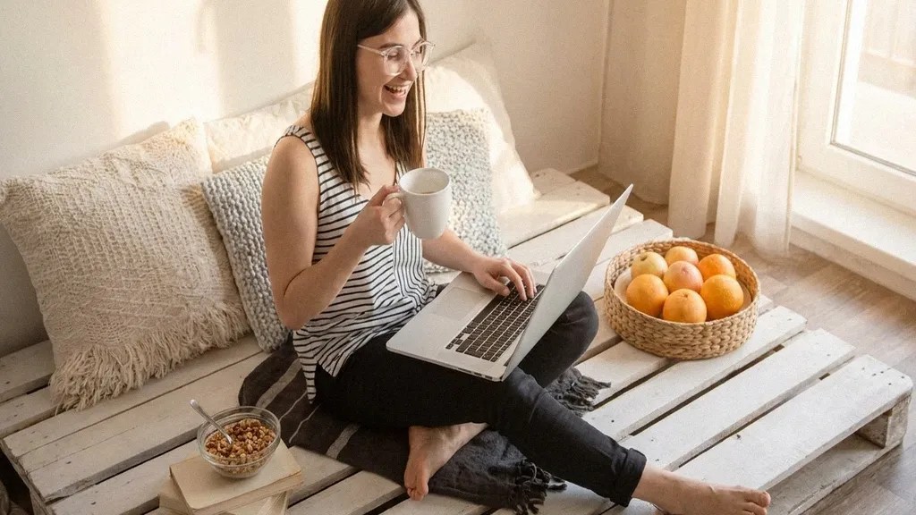 A young brunette female wearing glasses, jeans and a striped sleeveless top sits on a upcycled crate next to cushions and blankets as she holds a mug of coffee and reads an article on a laptop on her knee about how to pay international employees