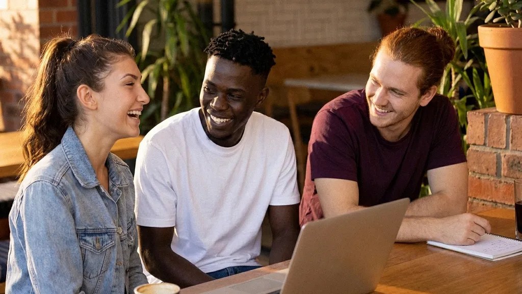 A young brunette female in a denim jacket and two young men wearing T-shirts talk and laugh to each other as they discuss the process of how to pay international employees
