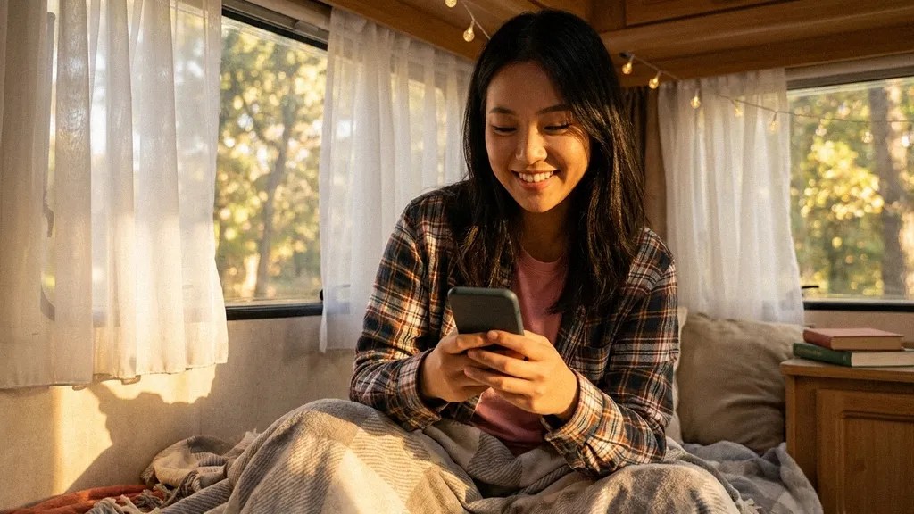 A relaxed and smiling young female sits in a campervan reading an article on her smartphone on the topic of, 'Is Lloyds Business safe?'