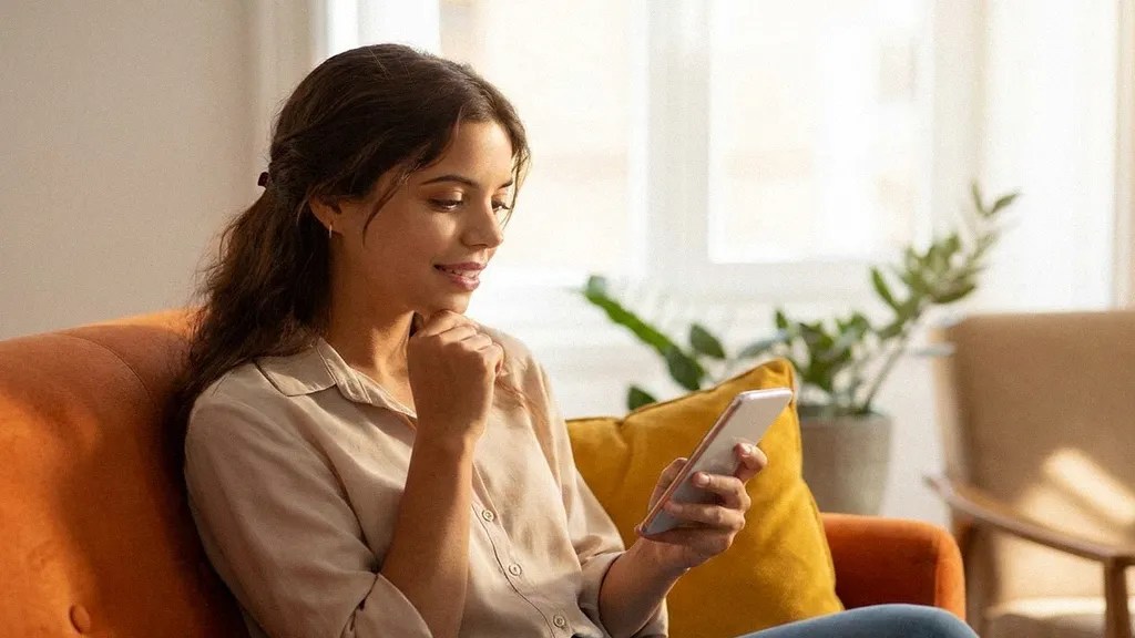 A young female with long brown hair rests her chin on her hand as she sits on an orange sofa and reads an article on her phone that answers the question, 'Is Payoneer safe?'