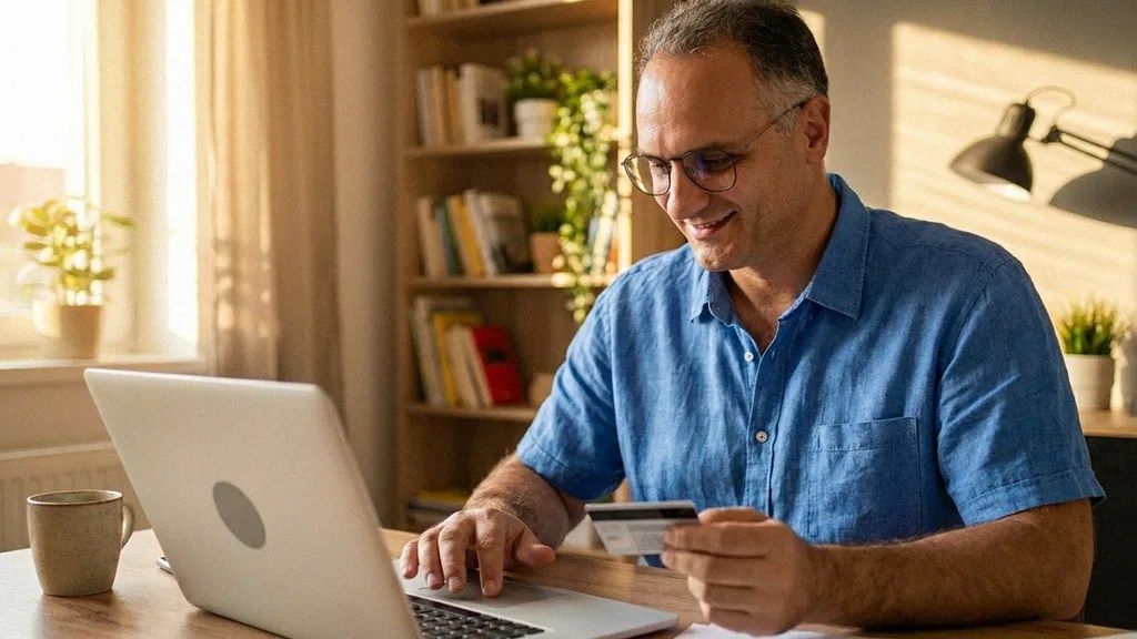 A man in a pale blue shirt and glasses sits at a table in his living room, whilst looking at his bank card and laptop and asking the question 'Is Revolut Business safe?'
