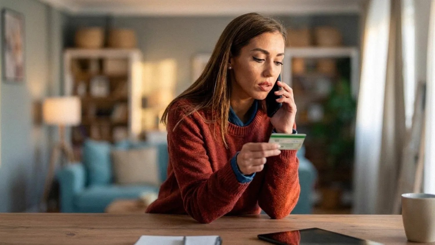 A young female sits at a desk whilst holding her bank card and speaking on her smartphone to ask the question 'Is Revolut Business safe?'