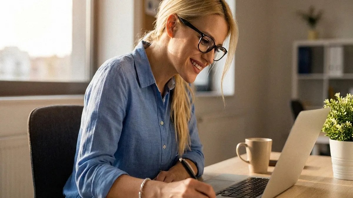 A young blonde female with glasses sits at a desk on her laptop and smiles as she holds a pen to her chin and reads an article on 'Is Skrill Business safe?'