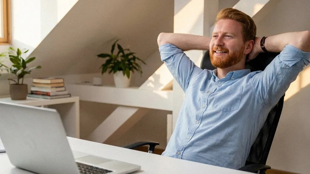A young man with a beard wears a light shirt and sits at his office desk with his laptop while looking at the camera and smiling as he considers, 'Is Skrill Business safe?'