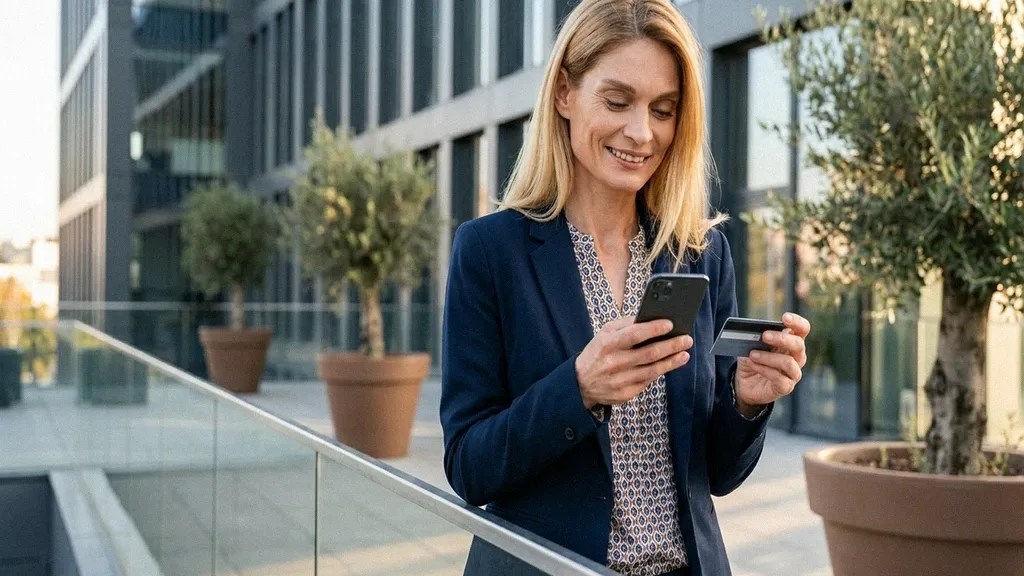 A young female in a grey blazer and white shirt smiles as she holds her phone and credit card, while reading an article titled 'Is Wise Business safe?'