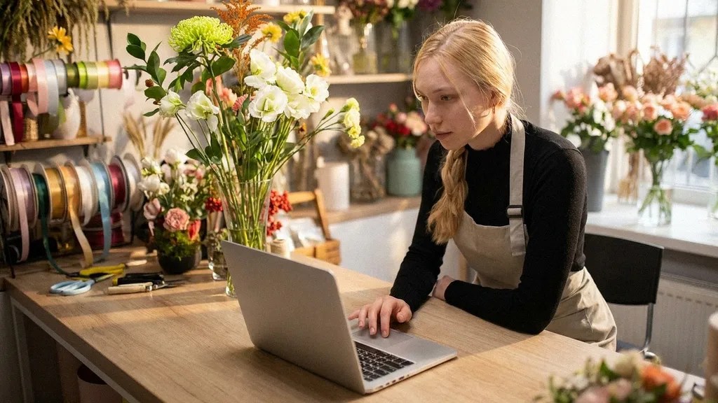 A young blonde female stands at her desk with flowers, reading an article on her laptop about the process of applying for a lithuania business visa