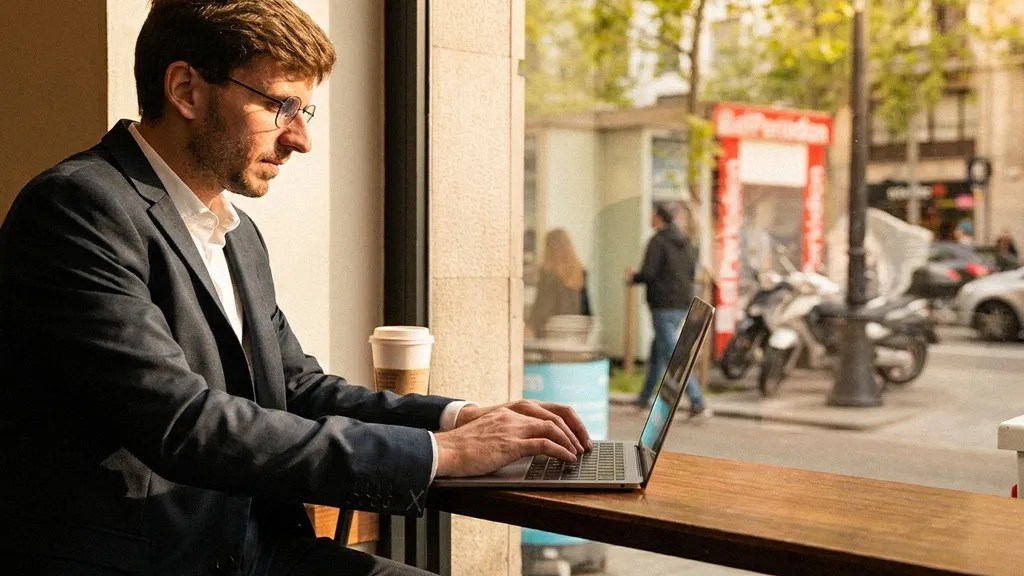 A man wearing a suit and glasses sits in the window of a cafe on his laptop, beginning the application for his Lithuania business visa