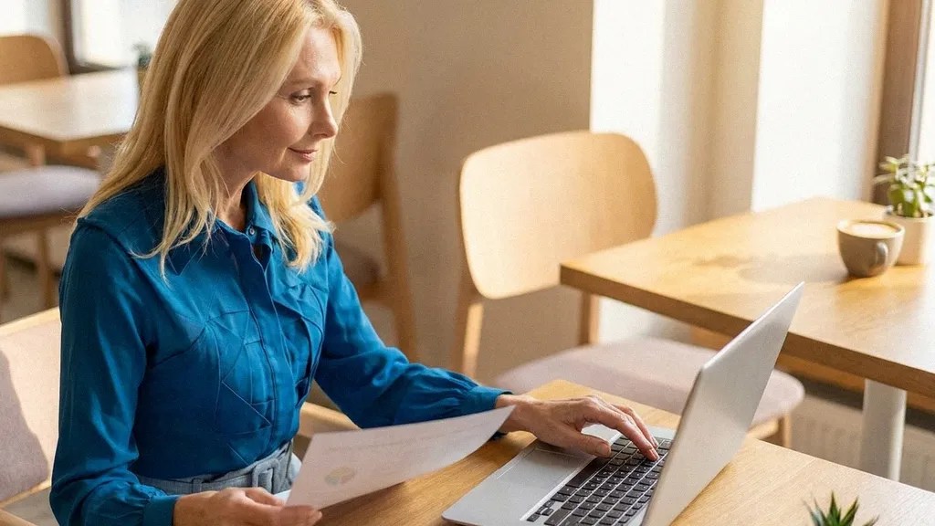 A young blonde female in a blue shirt sits at a table and simultaneously writes and types on her laptop to prepare for her Lithuania Startup Visa application
