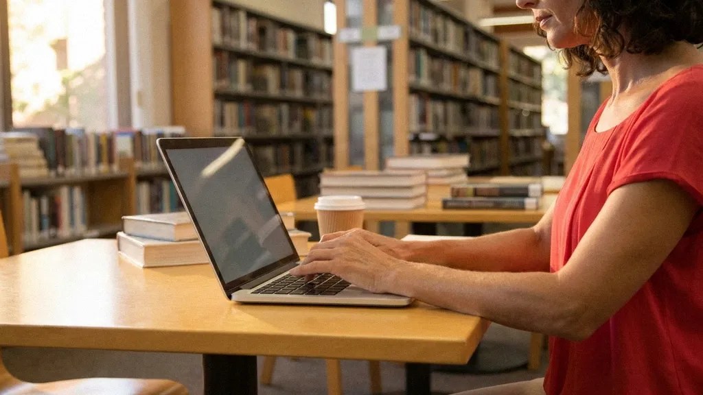 A lady in a red top sits at a table and types on her laptop, beginning her application for a Lithuania Startup Visa