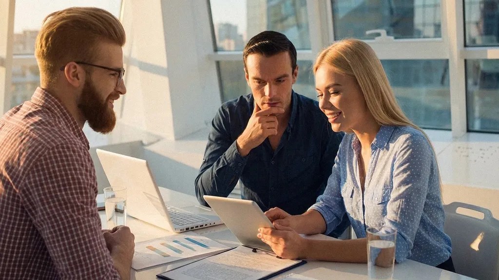 A young blonde female sits at a table drinking coffee next to two young men. Together, they read an article on a laptop about Lithuanian business culture