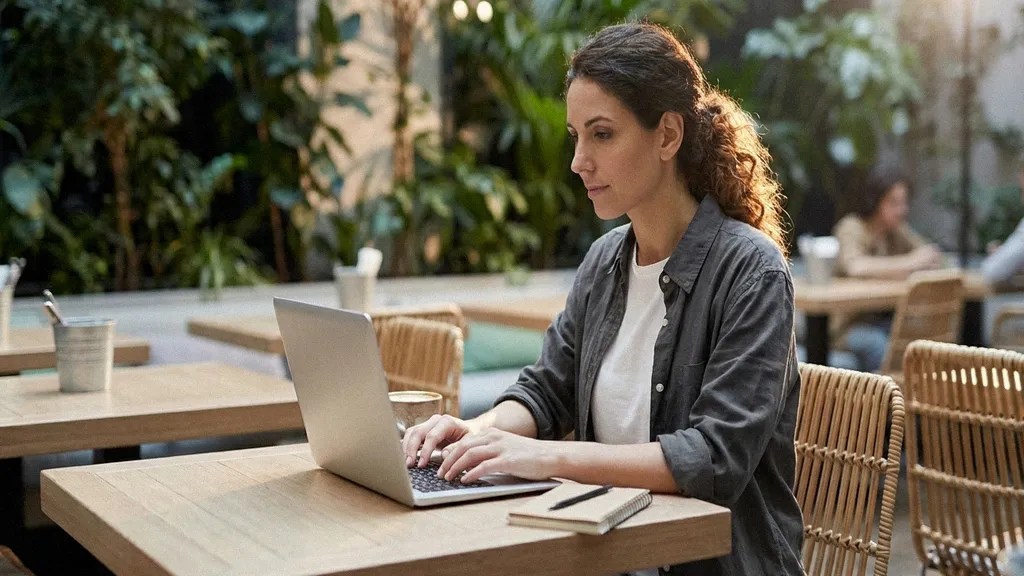 A young brunette female sits at an outdoor table in a cafe, reading an article on Lithuanian business culture
