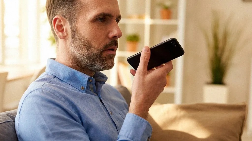 A man in a blue shirt sits on his sofa and talks to his smartphone on speaker to his Lloyds Business Account contact.