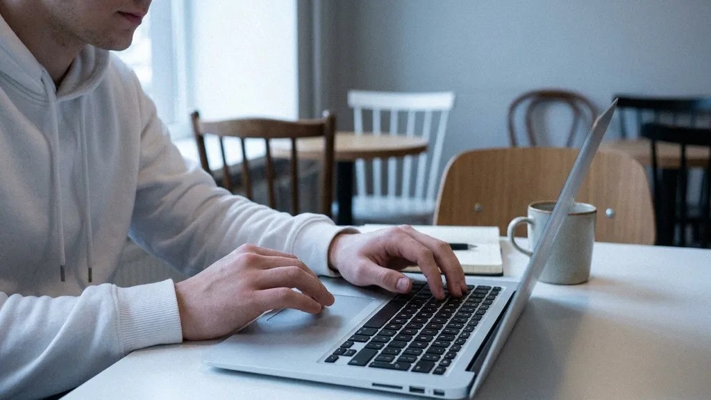 A person in a white sweatshirt sits at a table and types on their laptop while considering a Lloyds Business Bank Account.