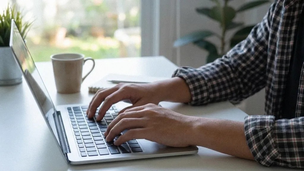 A man in a checked shirt sits at a table reading an article on his laptop about Lloyds Business Accounts.