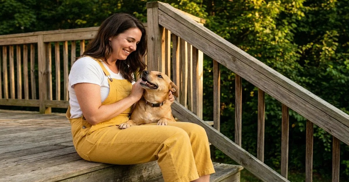 A woman smiles while cuddling a dog outside
