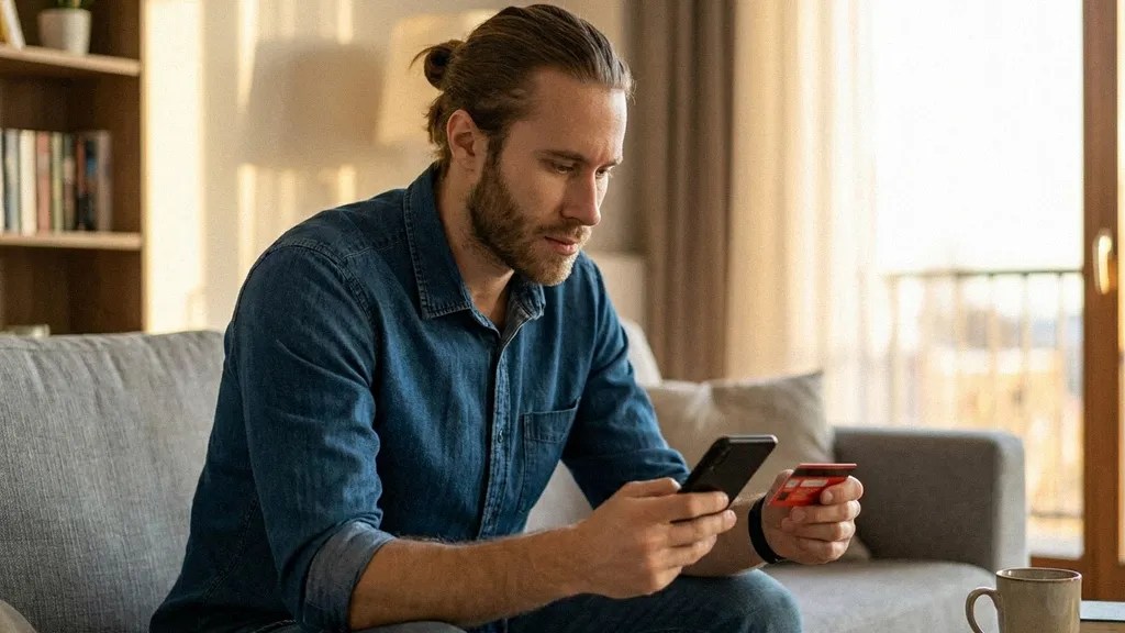 A young bearded male in a blue shirt sits at a desk with his mobile and his banking card as part of his process to open bank account in Lithuania