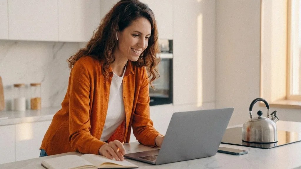 A young female with long brown hair wears an orange shirt and earphones as she stands in her white kitchen conversing in a meeting on her laptop about how to pay international contractors