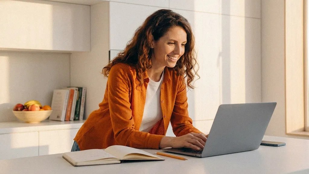 A young female with long brown hair wears an orange shirt and earphones as she stands in her white kitchen conversing in a meeting on her laptop about how to pay international contractors