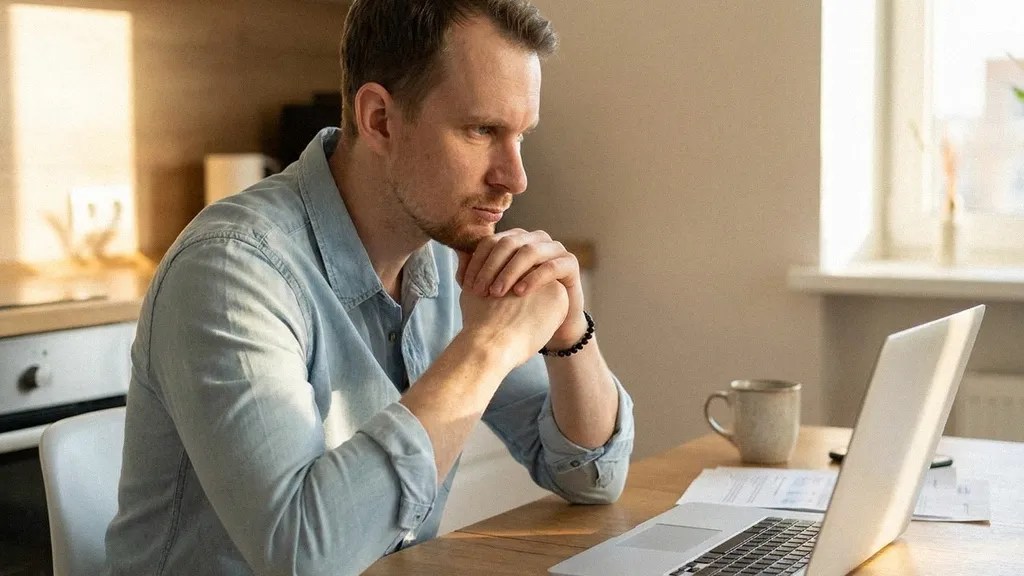 A young male in a light blue shirt sits at a desk and concentrates as he reads an article on his laptop about how to pay international contractors