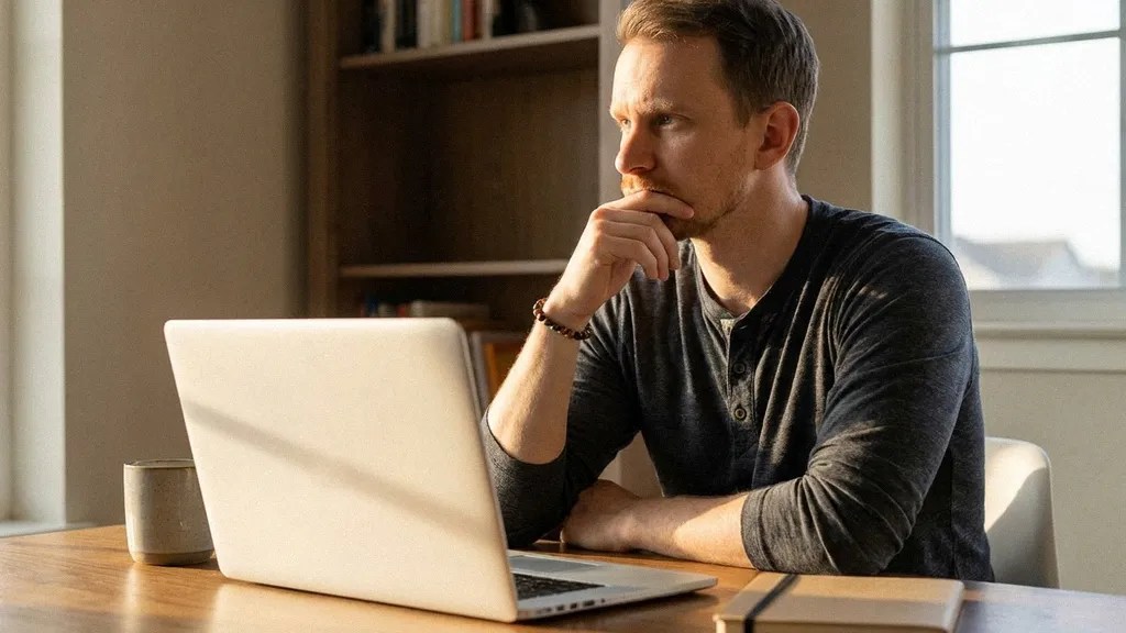 A young male in a light blue shirt sits at a desk and concentrates as he reads an article on his laptop about how to pay international contractors