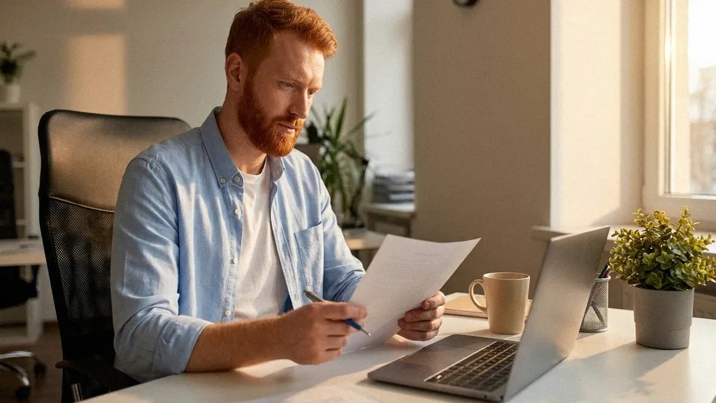 A young male sits at a desk, reading a guide on how to register company in Lithuania