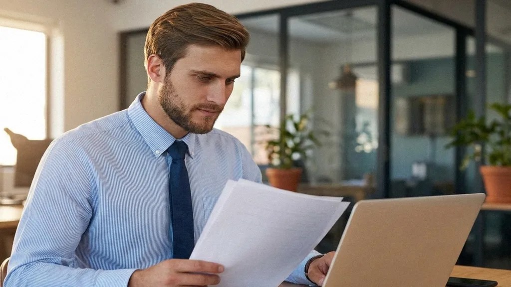 A young man in a pale blue suit and tie reads a paper on how to 'register company Lithuania'