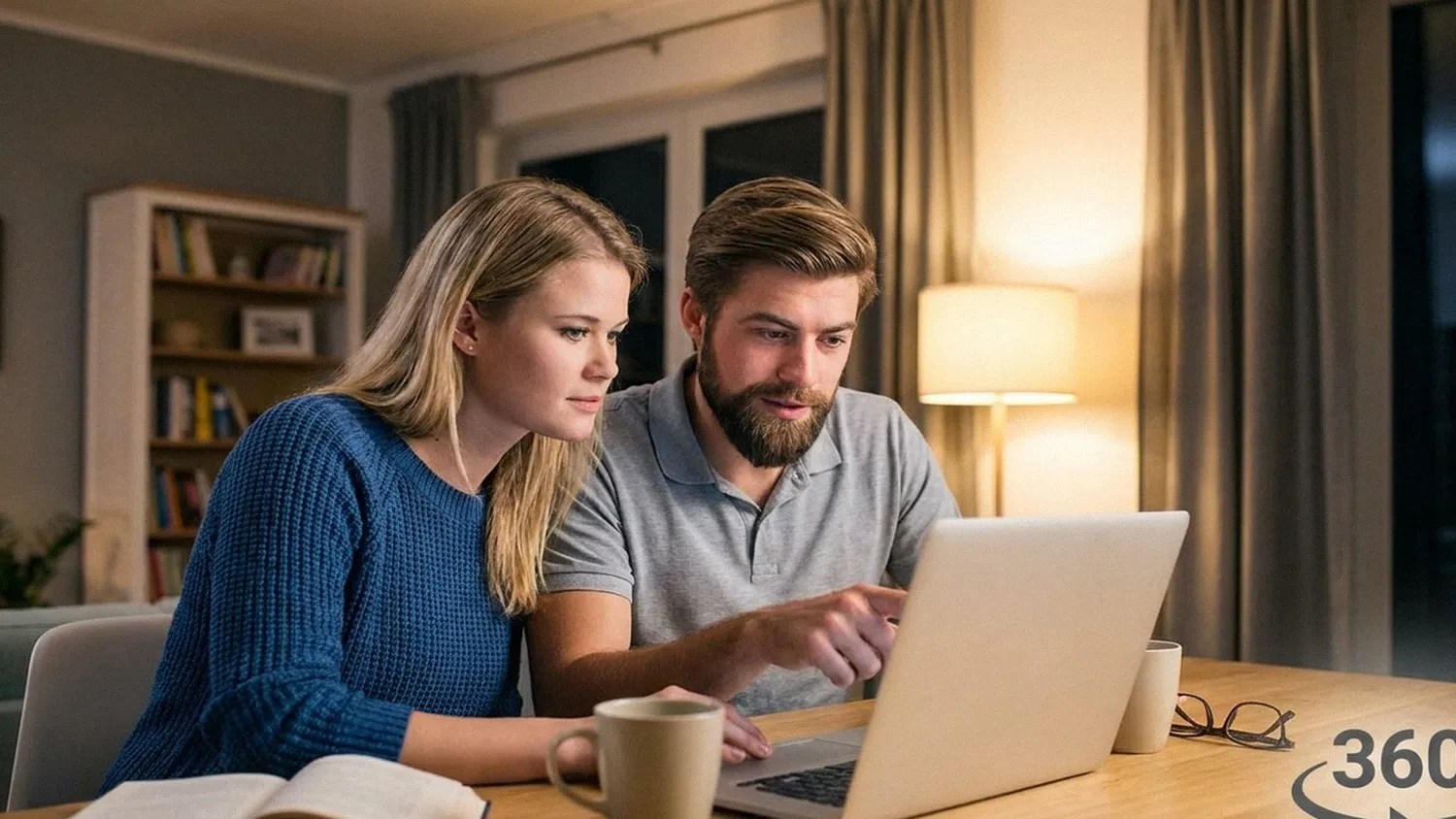 A young man and woman smile as they sit next to each other at a table and read the Revolut Account Review on their laptop