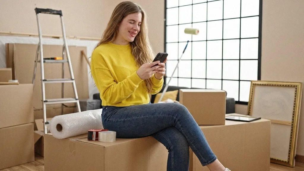 A young woman with long hair stands in a room filled with boxes and decorating equipment. She wears a yellow top and blue jeans and smiles as she reads about the Revolut Business Account on her mobile phone