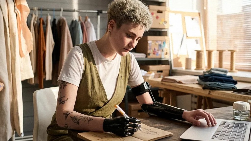 A young female with short curly hair and a bionic arm leans over her desk as she reads an article on her laptop about the best payment systems for small businesses
