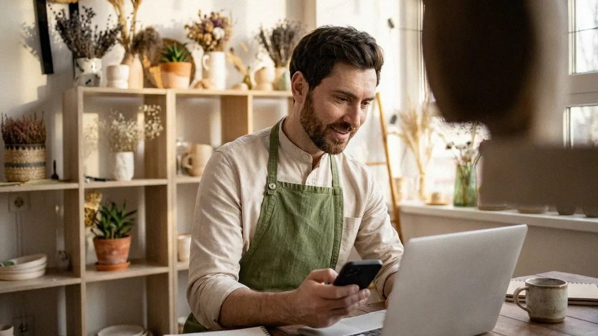 A young bearded male in a white shirt and green apron sits at his desk, holding his phone and typing on his laptop as he looks into the best