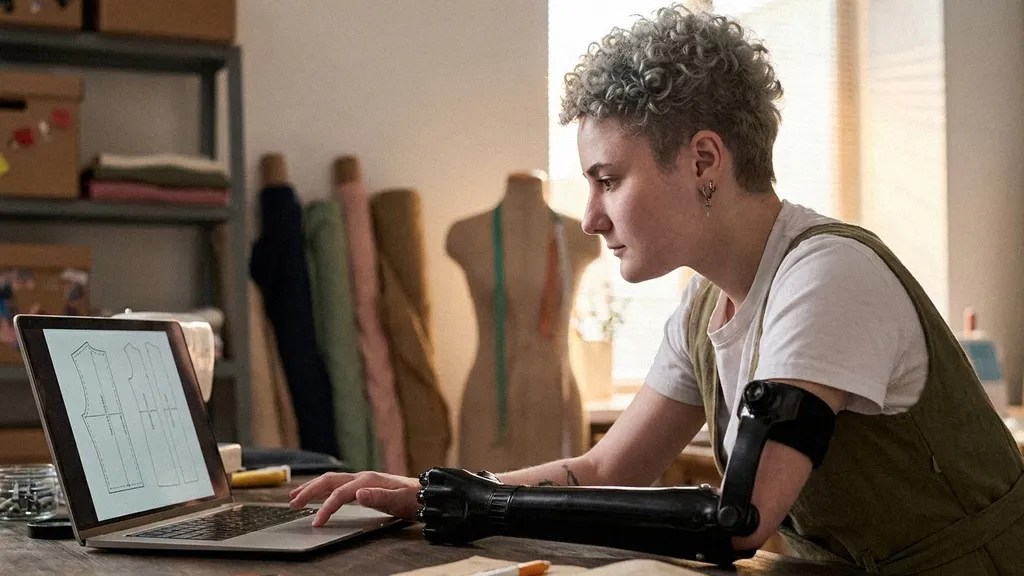 A young female with short curly hair and a bionic arm leans over her desk as she reads an article on her laptop about the best payment systems for small businesses