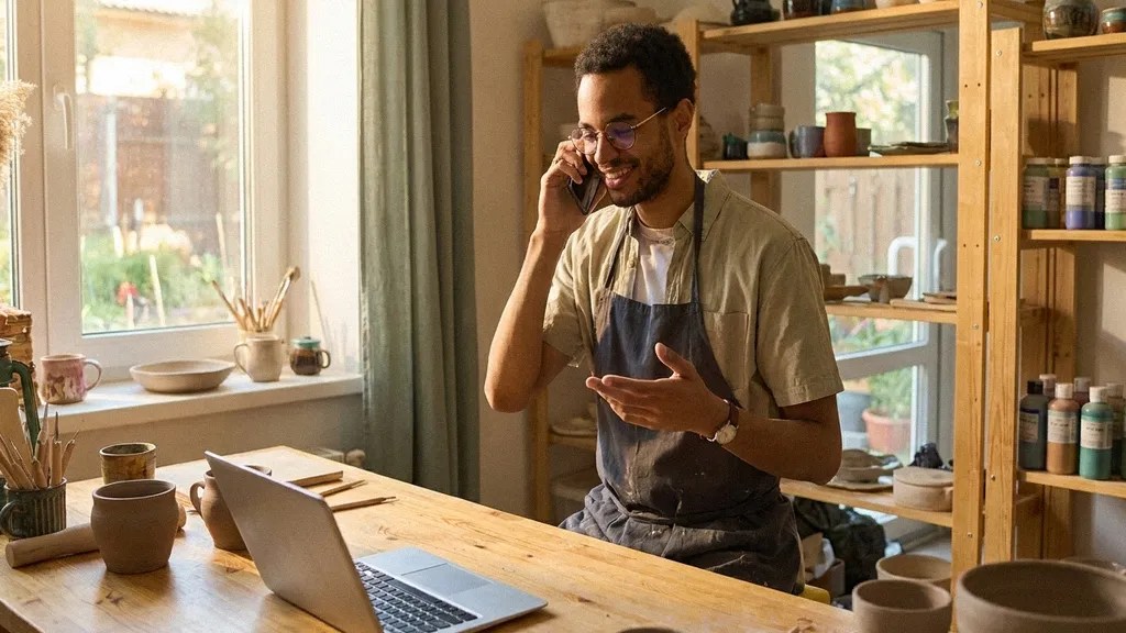A young man in glasses and a T-shirt and apron sits at his desk as he talks on his phone and types on his laptop while researching the best payment systems for small businesses