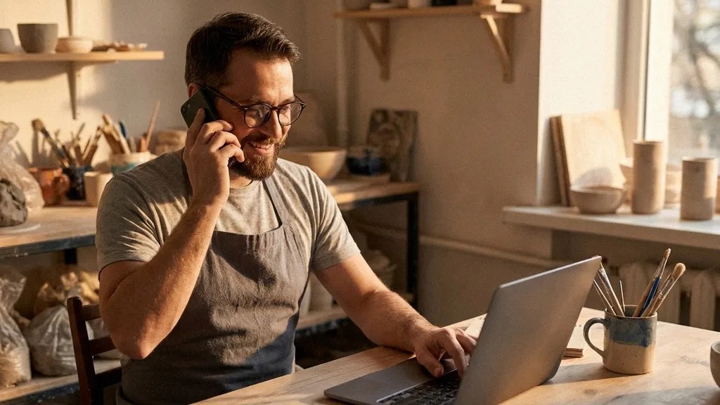 A young man in glasses and a T-shirt and apron sits at his desk as he talks on his phone and types on his laptop while researching the best payment systems for small businesses