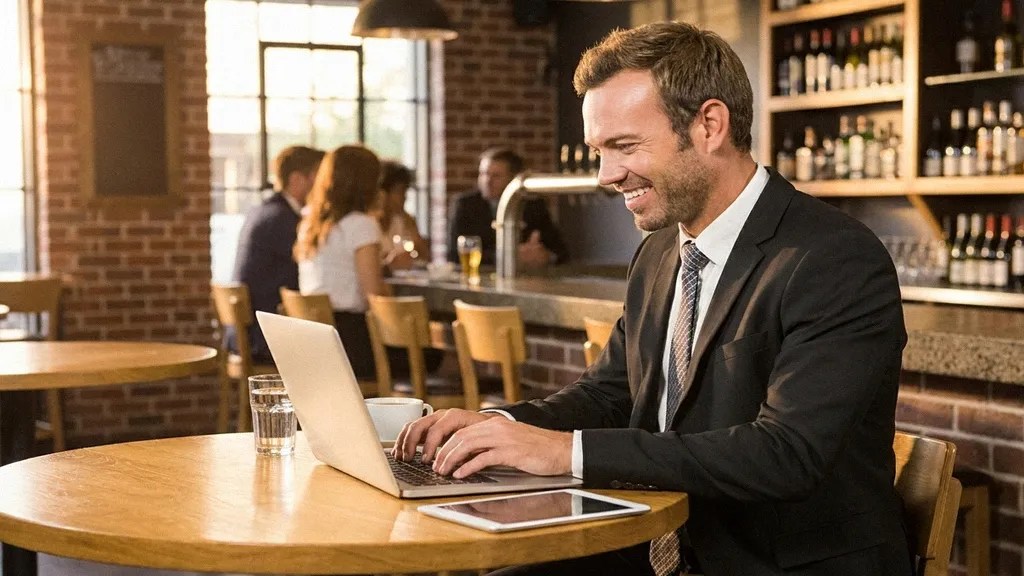 A handsome man in a black blazer and white shirt smiles as he sits down in a cafe and types on his laptop while simplifying his supplier payments process