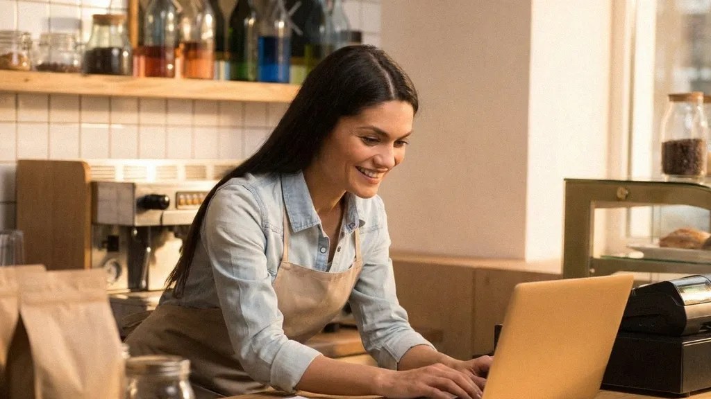 A young female with long dark brown hair wears a blue shirt and brown apron as she stands behind a cafe counter, types on her laptop and simplifies her supplier payments process