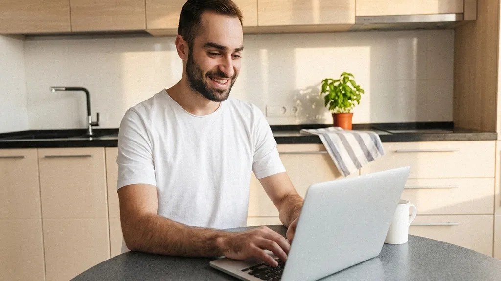 A man in a white T-shirt sits at a desk reading an article on his laptop about the benefits of TransferGo vs Wise Business 